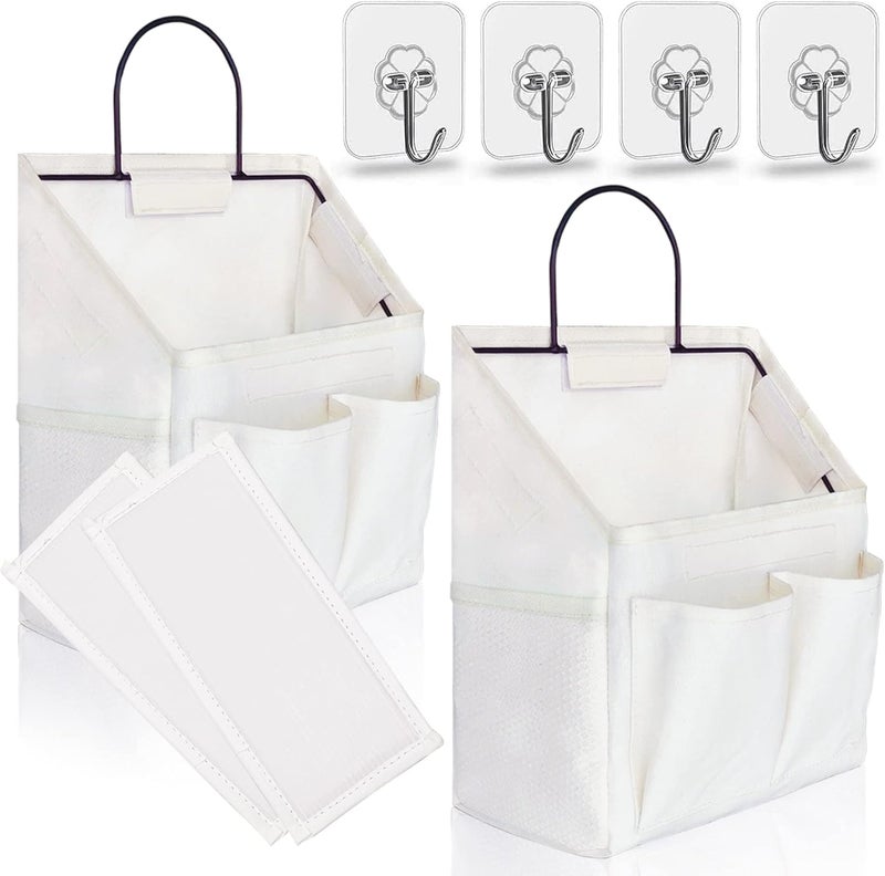 Kanrichu 2pcs Small Wall Hanging Organizer Bag, Linen Fabric Door Hanging Storage Basket with Pockets, Waterproof Bin for Kitchen, Bedroom, Office, RV Camper (White) - Image 1
